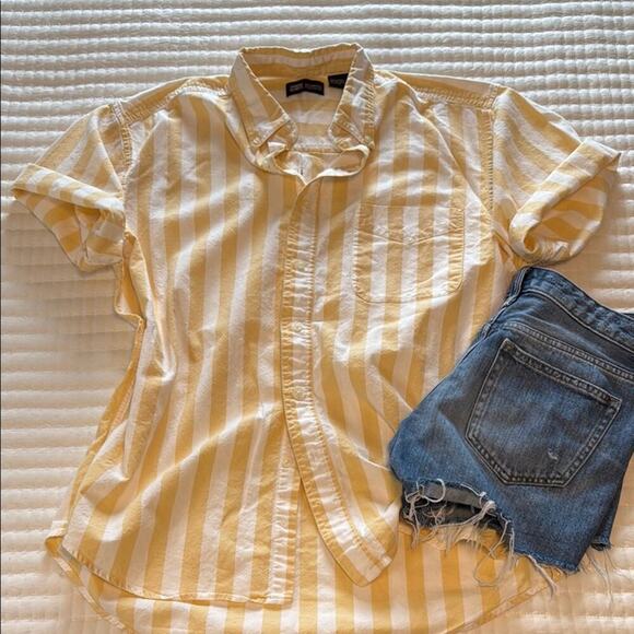 Unisex Faded Glory Yellow/White Striped Cotton Button Down Size L (m) XL (w) - Picture 1 of 3